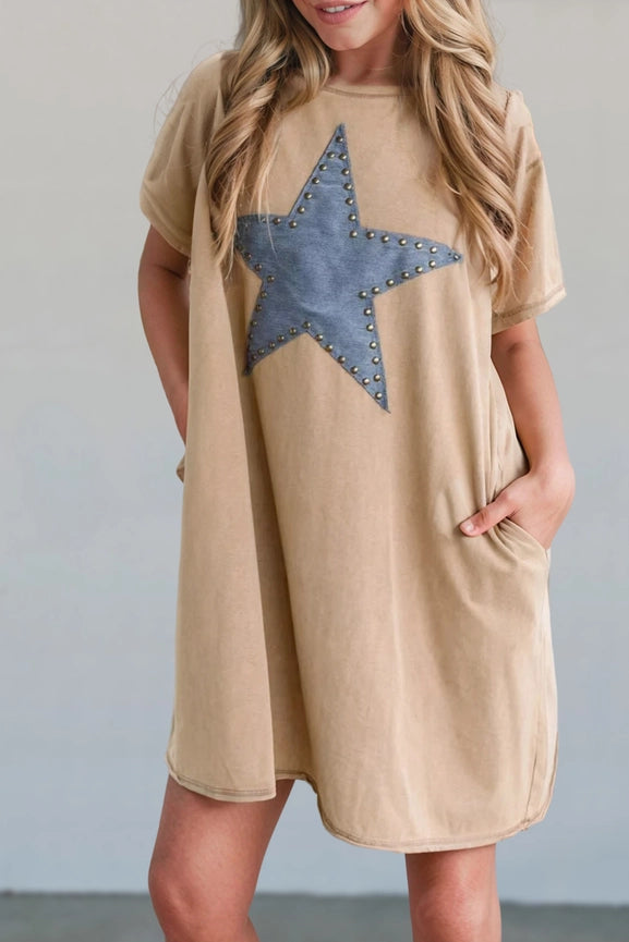 Mineral Wash Stud Beaded Star Graphic Pocketed Dress
