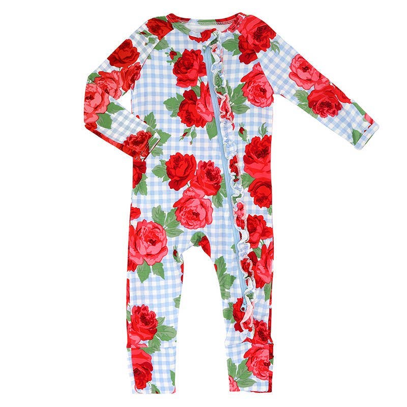 Cozy Romper - Blue Gingham + Red Roses