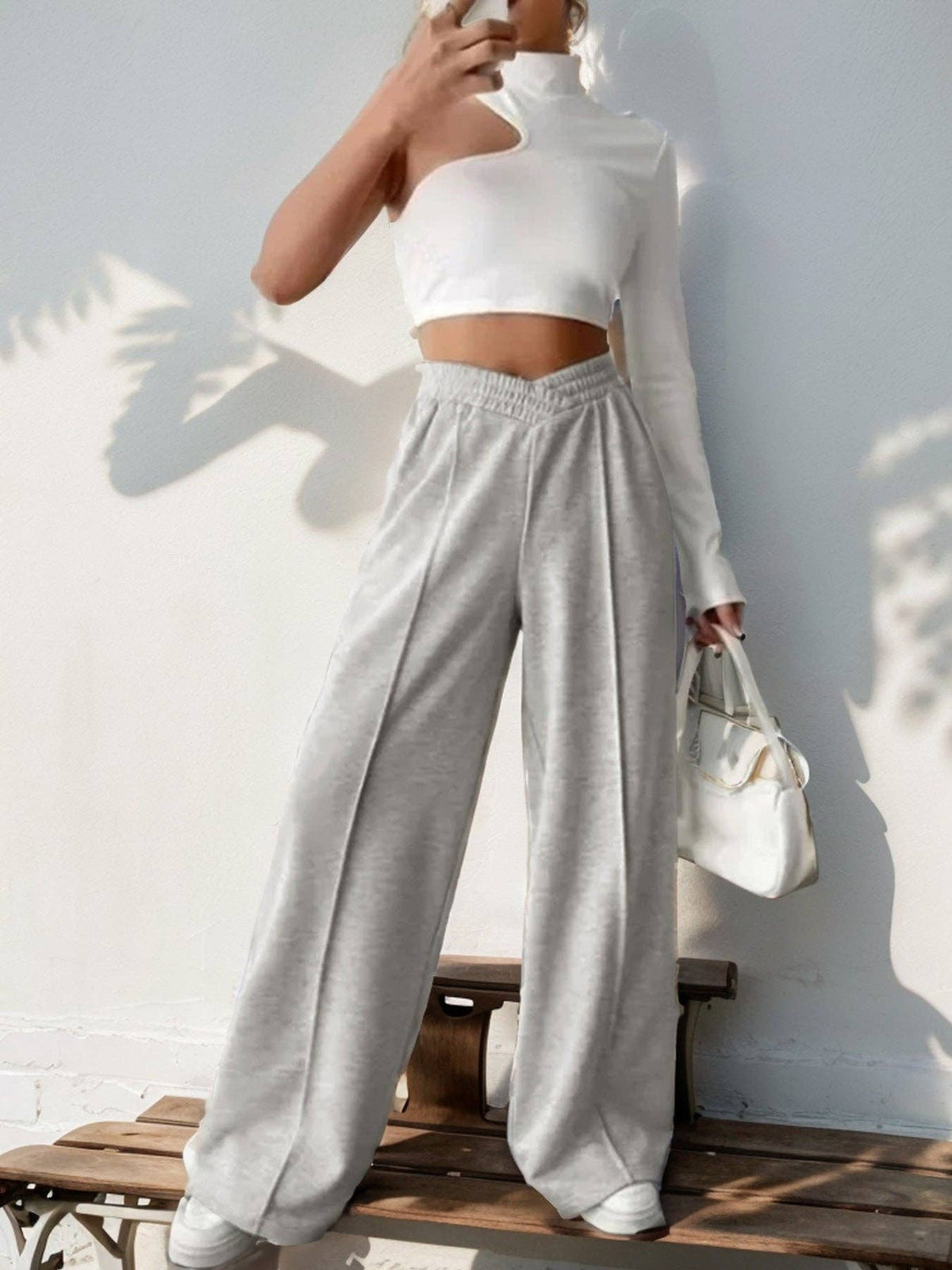 Solid Knit Wide Leg Pants High Waist Athleisure
