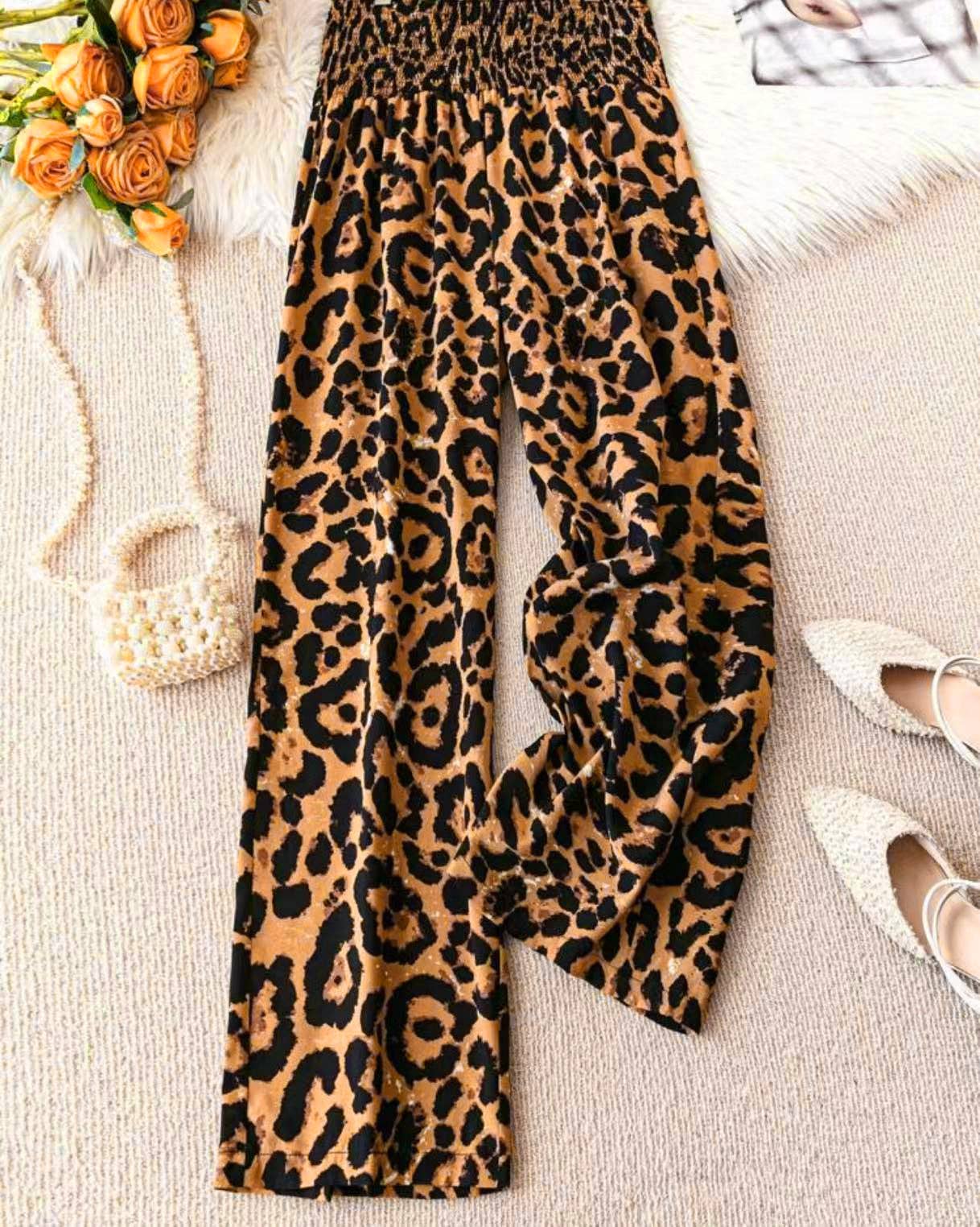 Leopard Print Wide Leg Elastic Waist Casual Pant