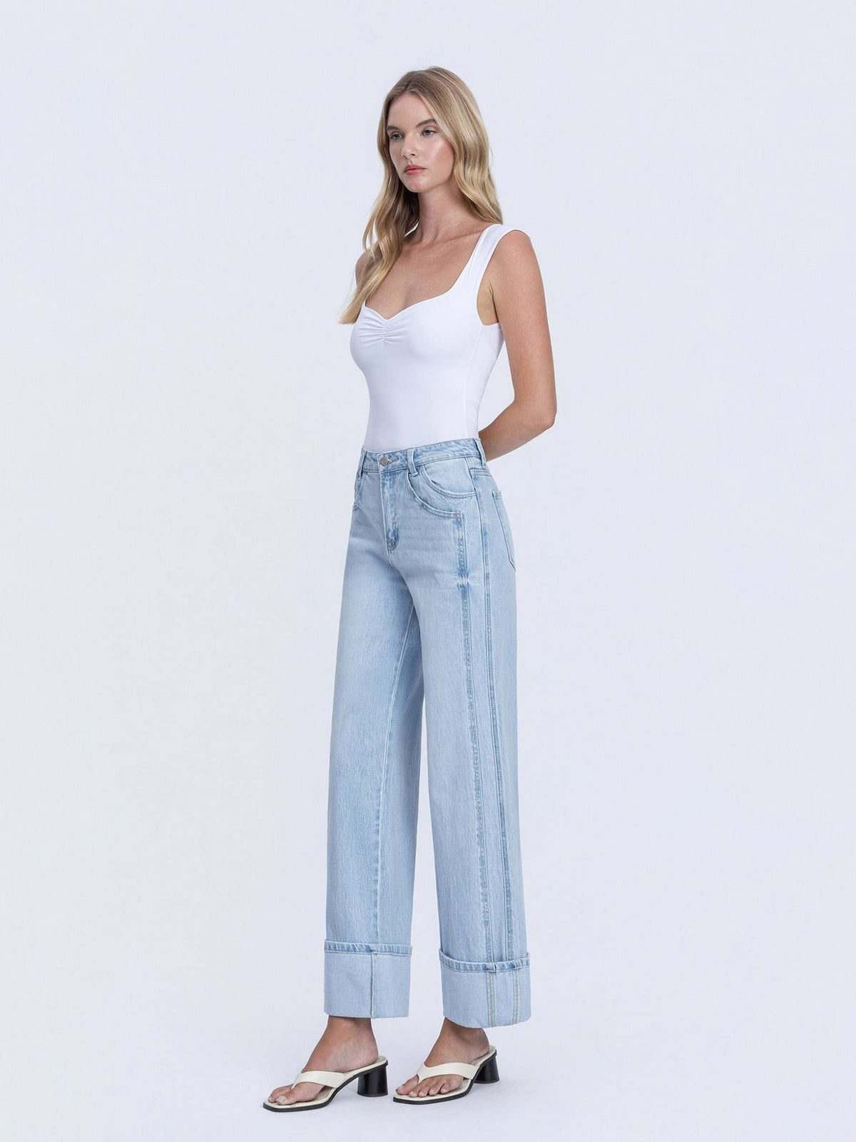 SUPER HIGH RISE LIGHT WASH CUFFED BAGGY WIDE JEANS T6515