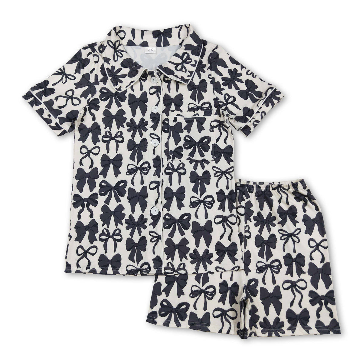 Short sleeves black bow girls button down pajamas