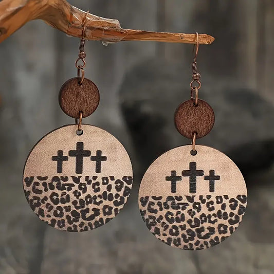 Wooden Leopard Cross Earrings