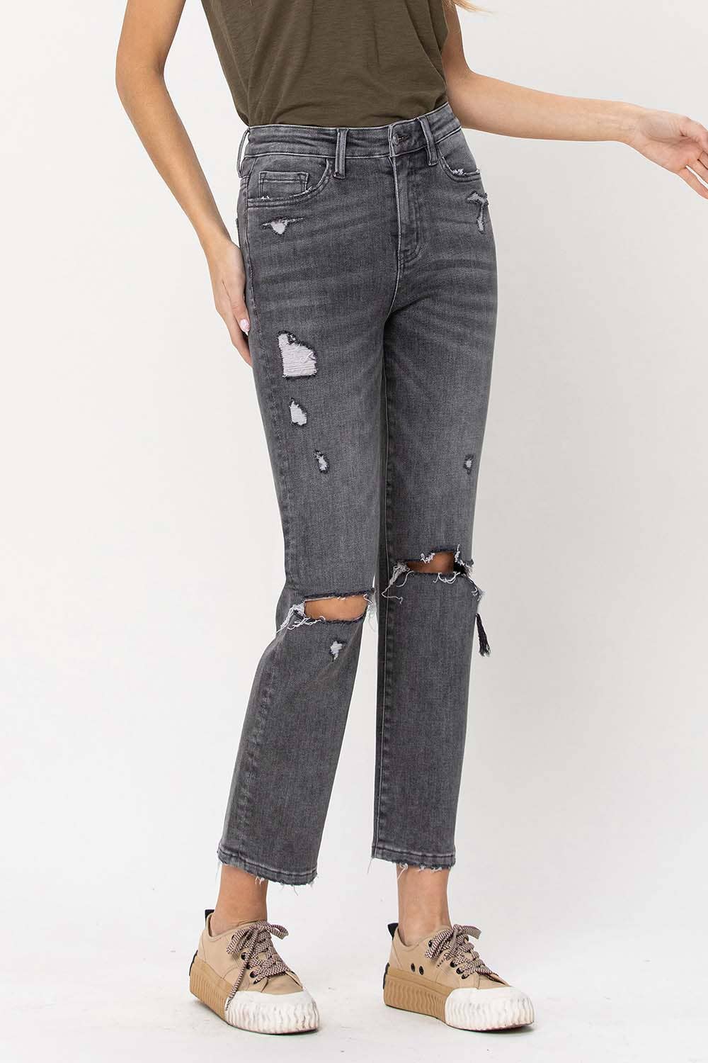 HIGH RISE DISTRESSED CROPPED STRAIGHT JEANS T5180