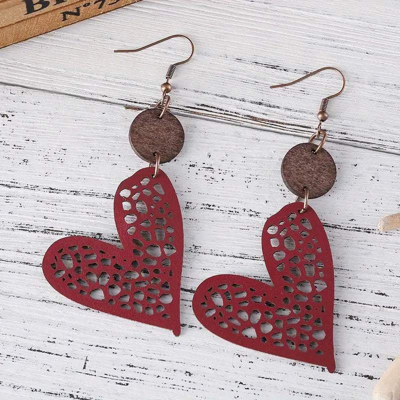 Wooden Heart Earrings... RED