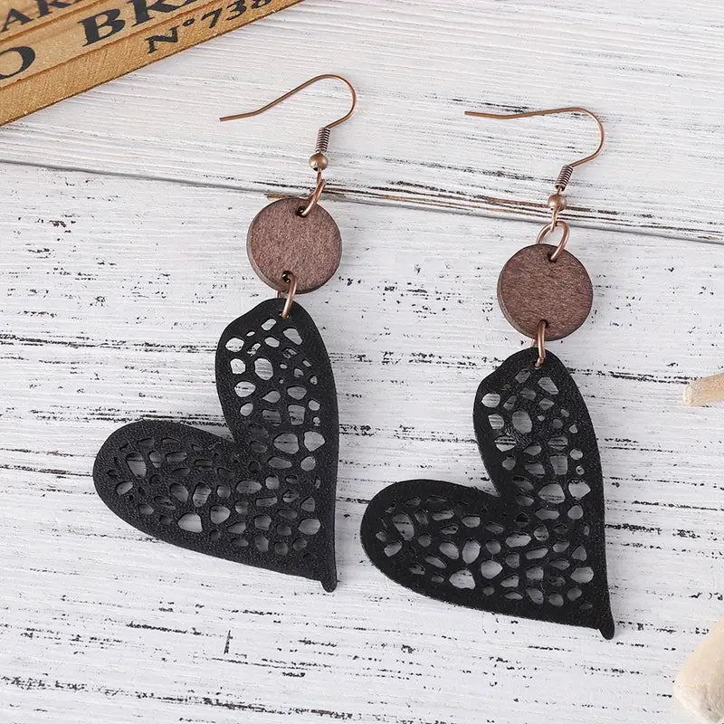 Wooden Heart Earrings... BLACK