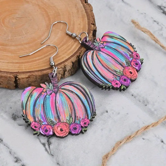 Wooden Watercolor Pumpkin Earrings