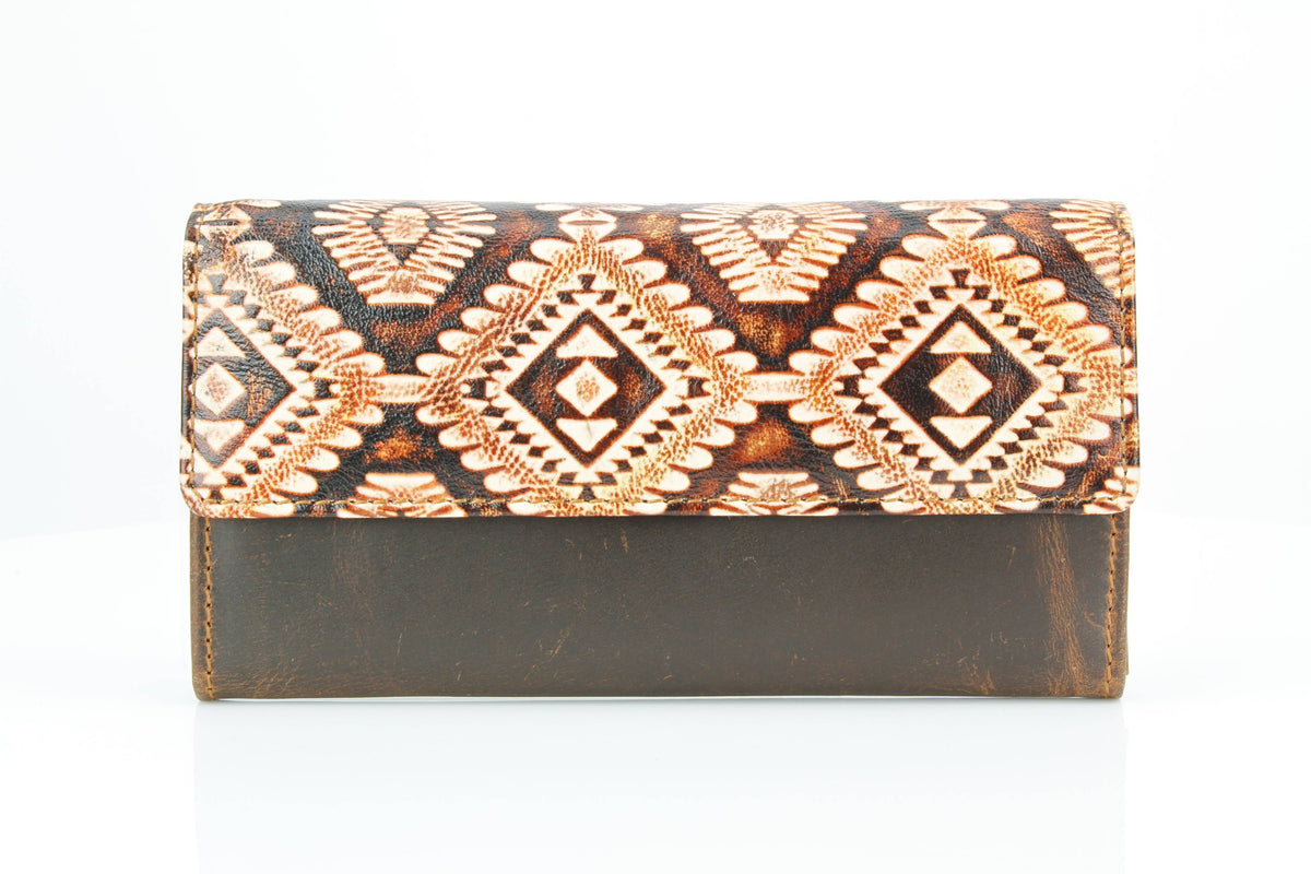 Women’s Rustic Tan Aztec Leather Clutch Wallet ABLW 18-2501
