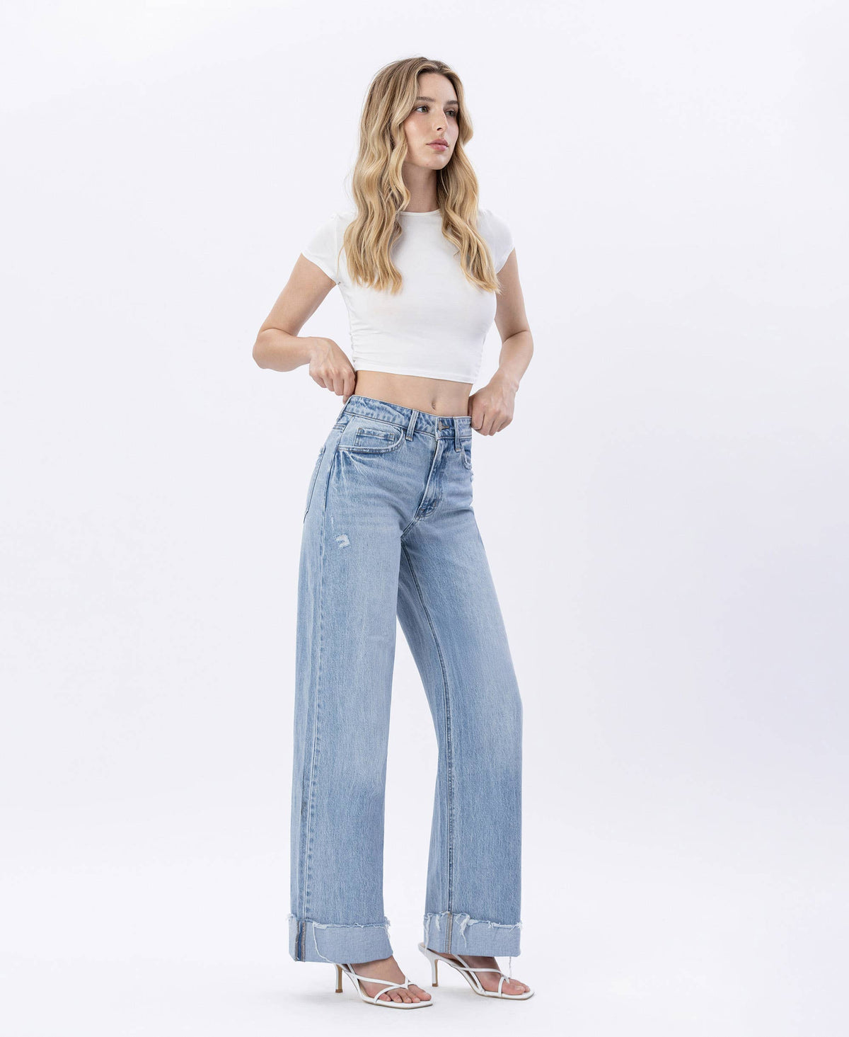SUPER HIGH RISE CUFFED BAGGY WIDE LEG JEANS T6512