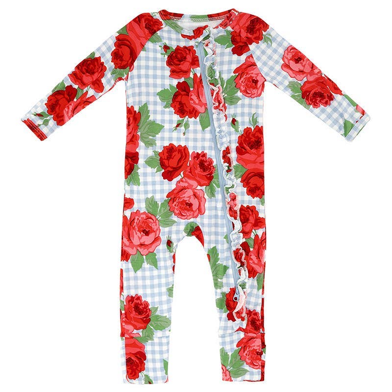 Cozy Romper - Blue Gingham + Red Roses