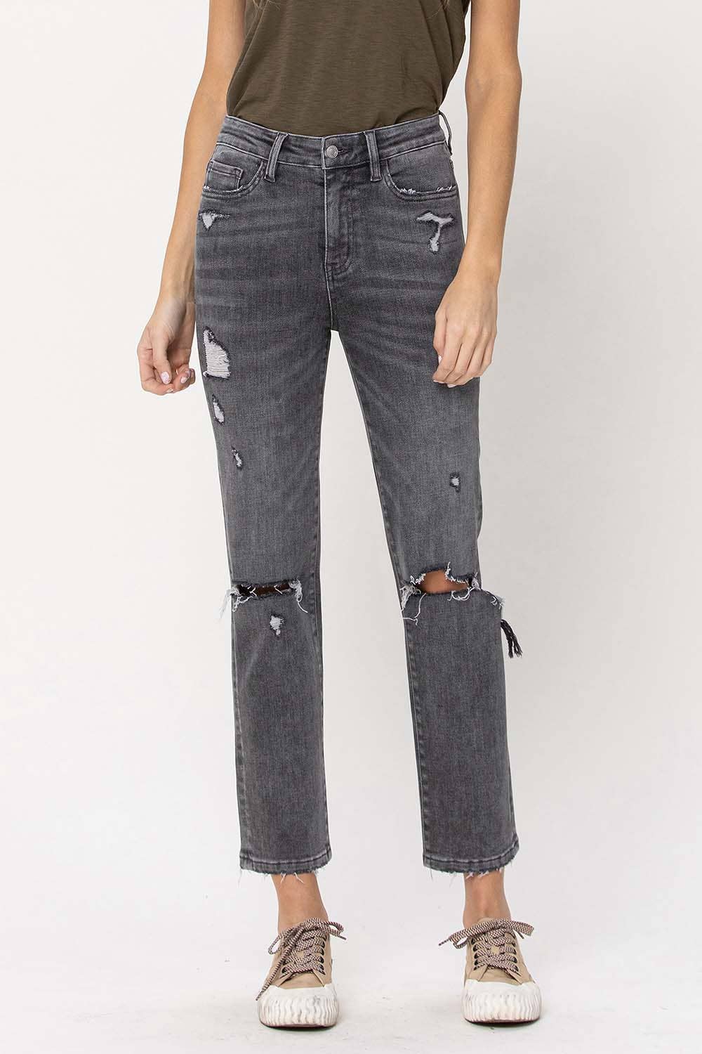 HIGH RISE DISTRESSED CROPPED STRAIGHT JEANS T5180