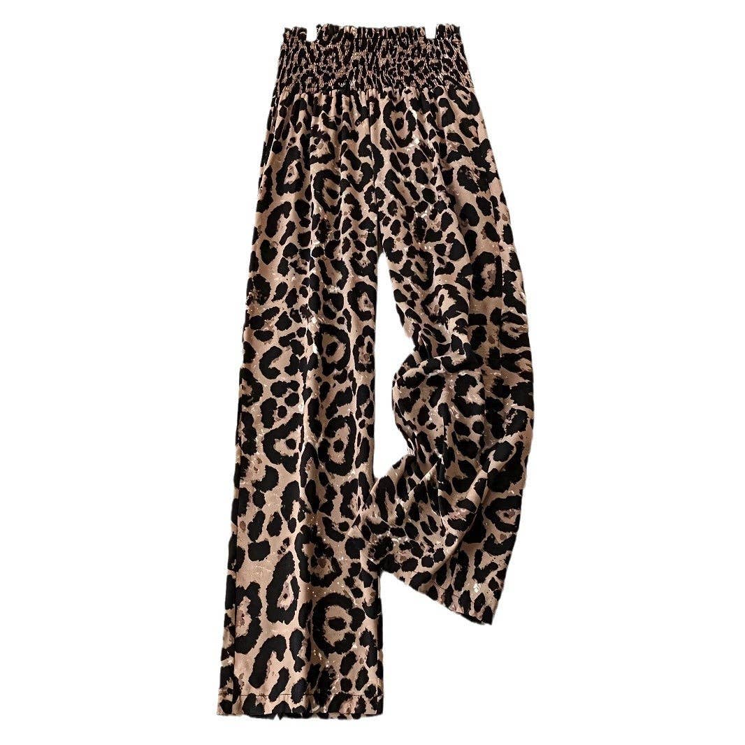 Leopard Print Wide Leg Elastic Waist Casual Pant