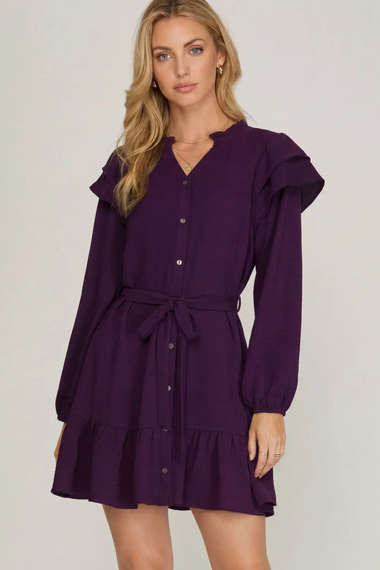 Long Sleeve Blue Button Down Rope Dress