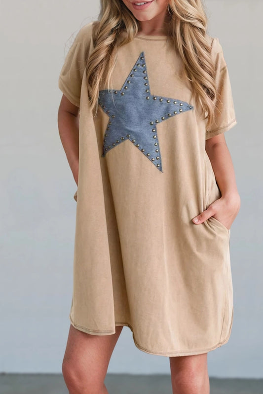 Mineral Wash Stud Beaded Star Graphic Pocketed Dress