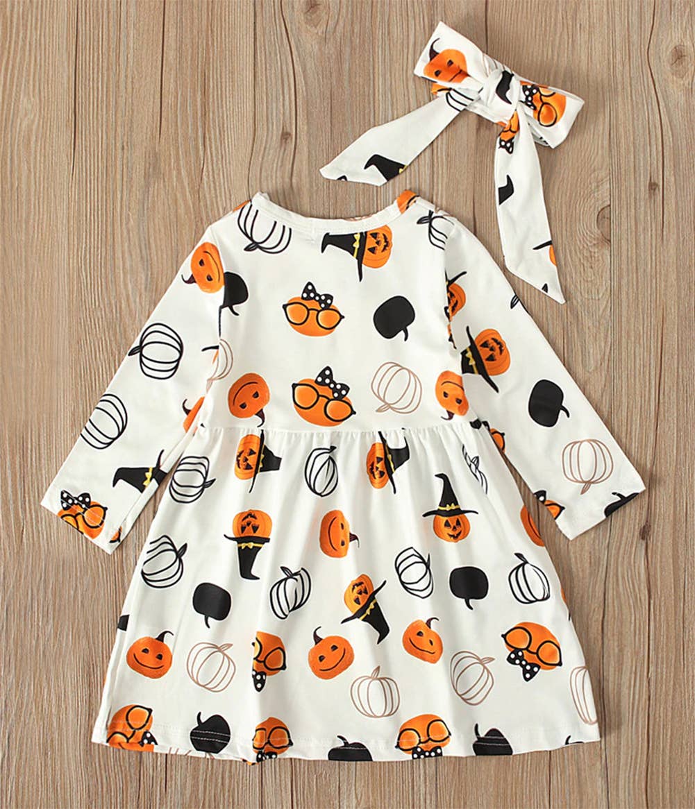 Pumpkin Print Cotton White Dress & Headband/Belt