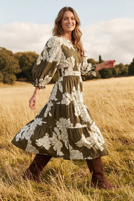 Olive 3/4 Sleeve Tiered Floral Dress