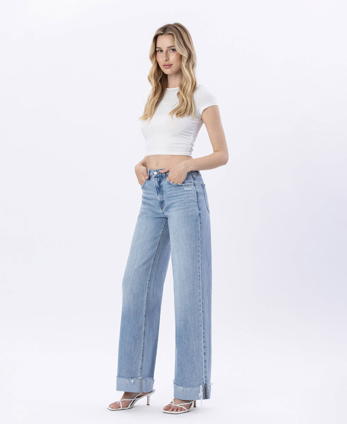 SUPER HIGH RISE CUFFED BAGGY WIDE LEG JEANS T6512