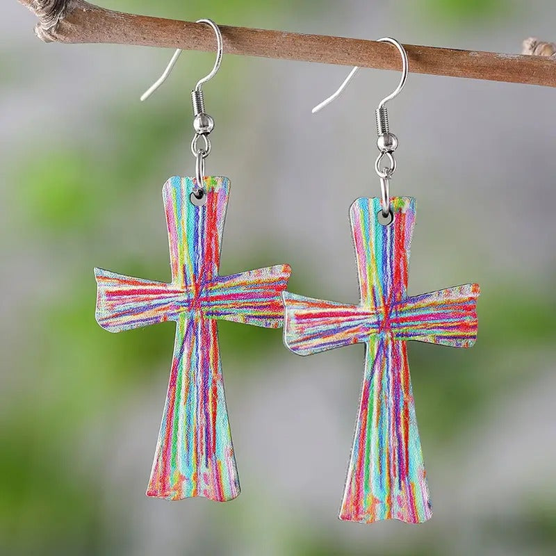 Wooden Watercolor Cross Earrings