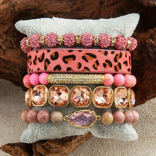 Five stack Boho beaded bracelet set- Pink