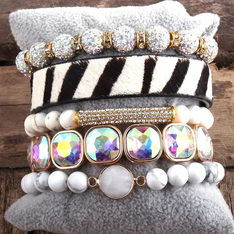 Five stack Boho beaded bracelet set- Zebra