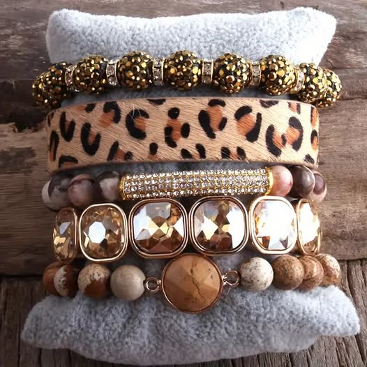 Five stack Boho beaded bracelet set- Leopard