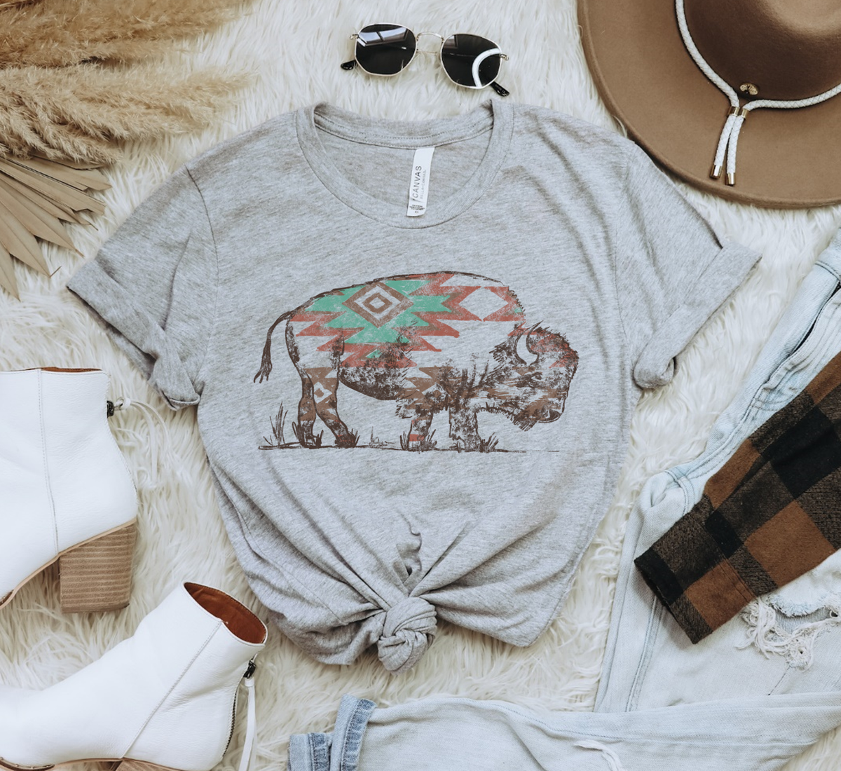 Western Boho Aztec Buffalo southwest Bison Graphic Tee
