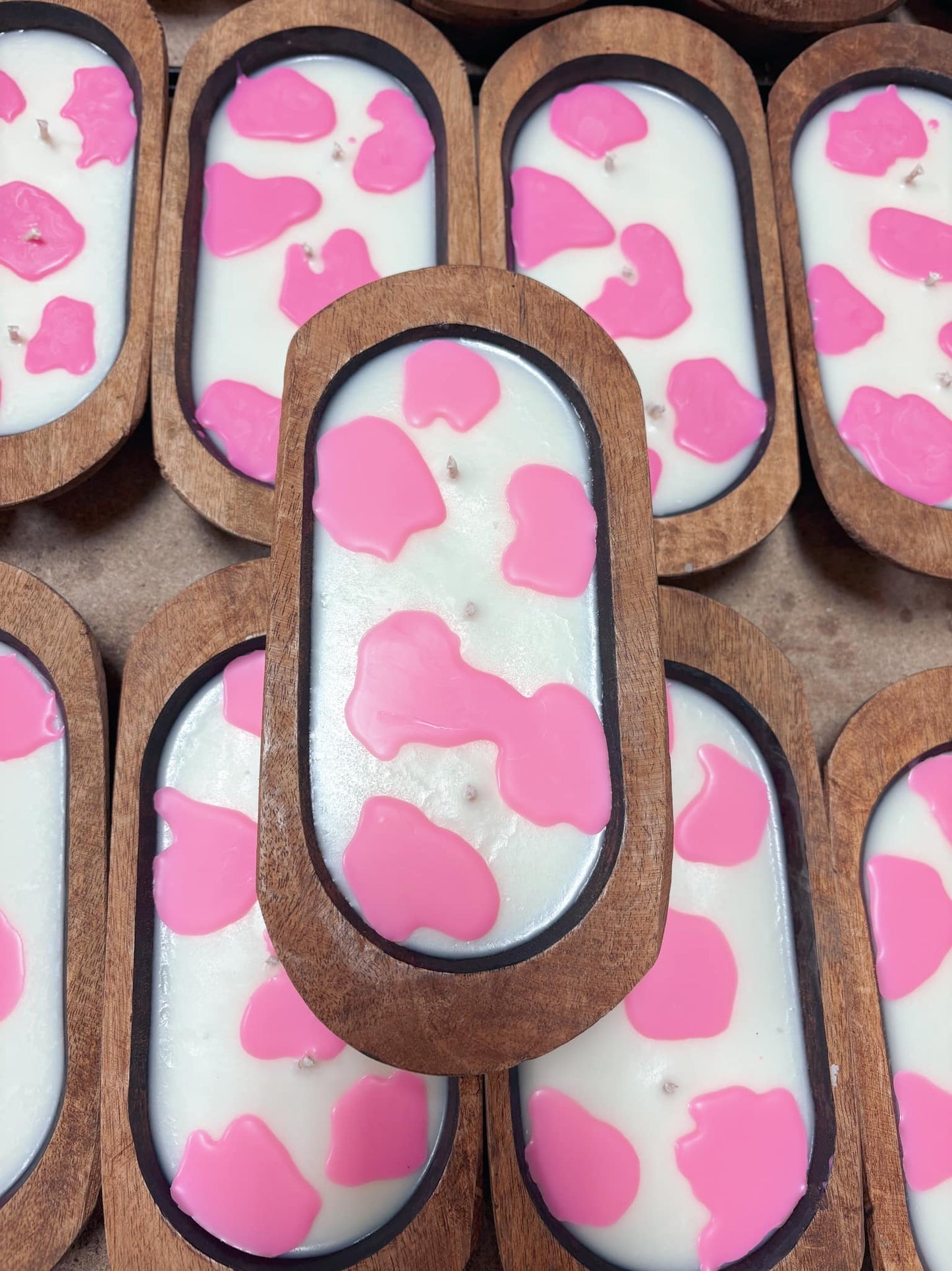 Handmade Dough Bowl Candles.. PINK COWPRINT