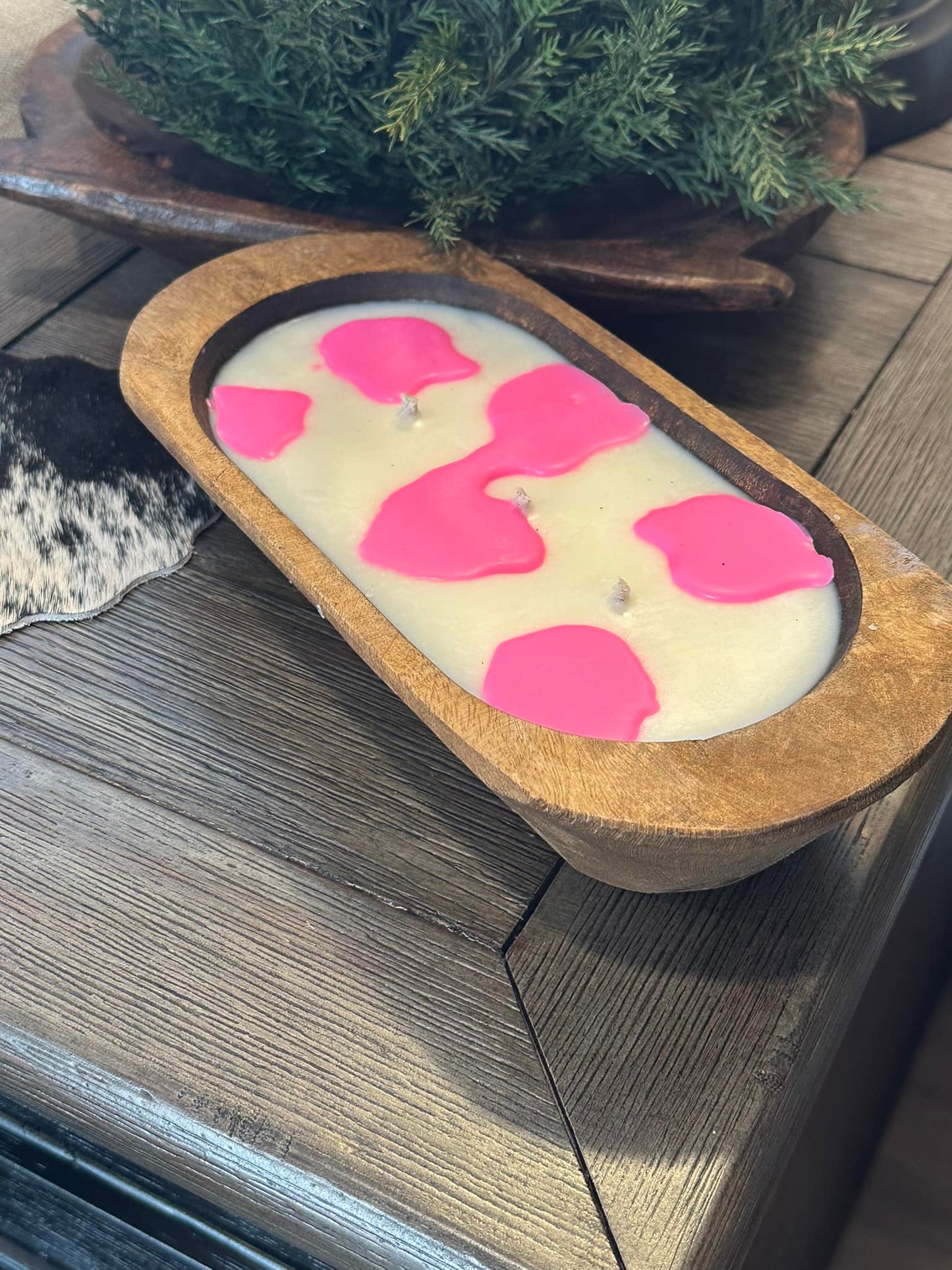 Handmade Dough Bowl Candles.. PINK COWPRINT