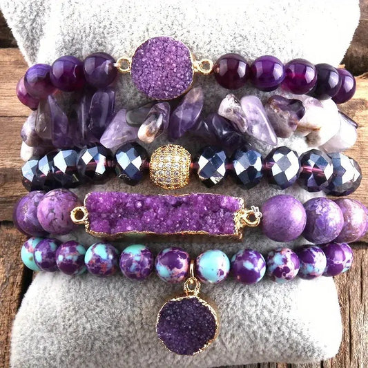 Five stack Boho beaded bracelet set- Purple