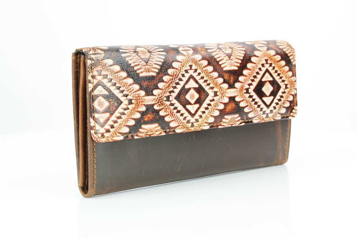 Women’s Rustic Tan Aztec Leather Clutch Wallet ABLW 18-2501