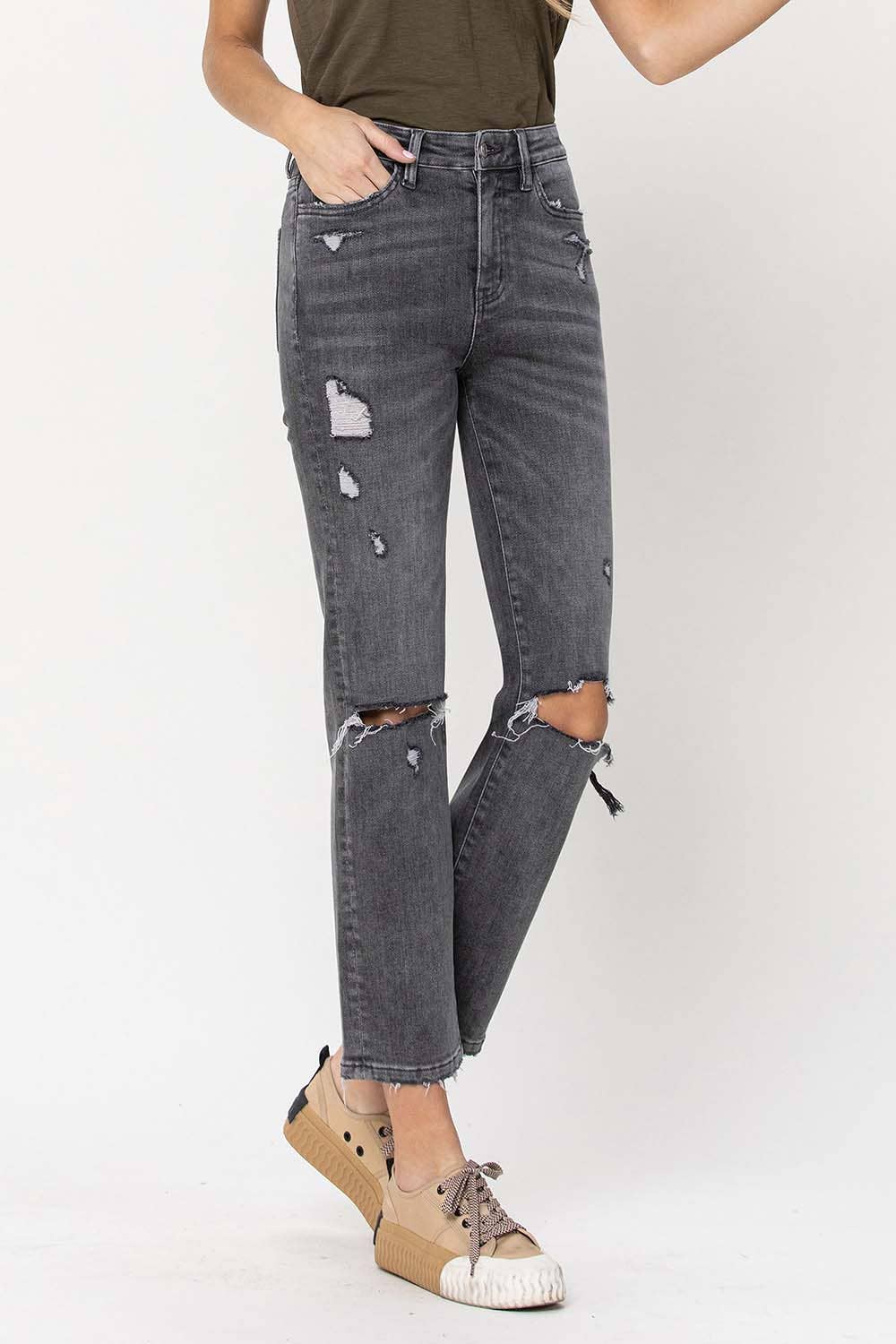HIGH RISE DISTRESSED CROPPED STRAIGHT JEANS T5180
