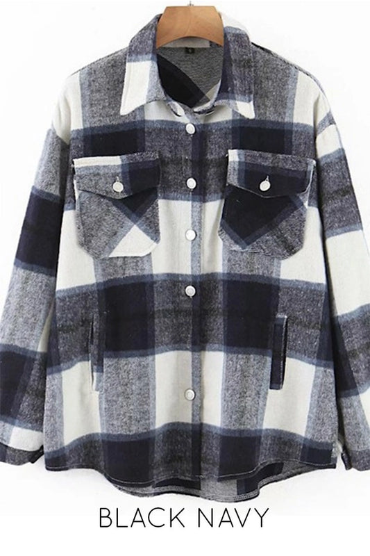 Oversized Plaid Flannel Jacket- Black/Navy