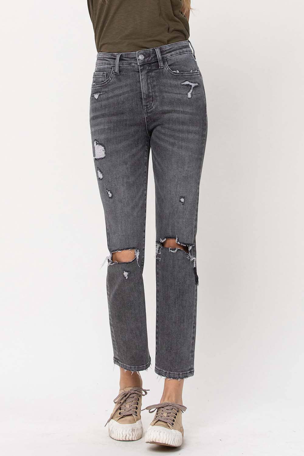 HIGH RISE DISTRESSED CROPPED STRAIGHT JEANS T5180