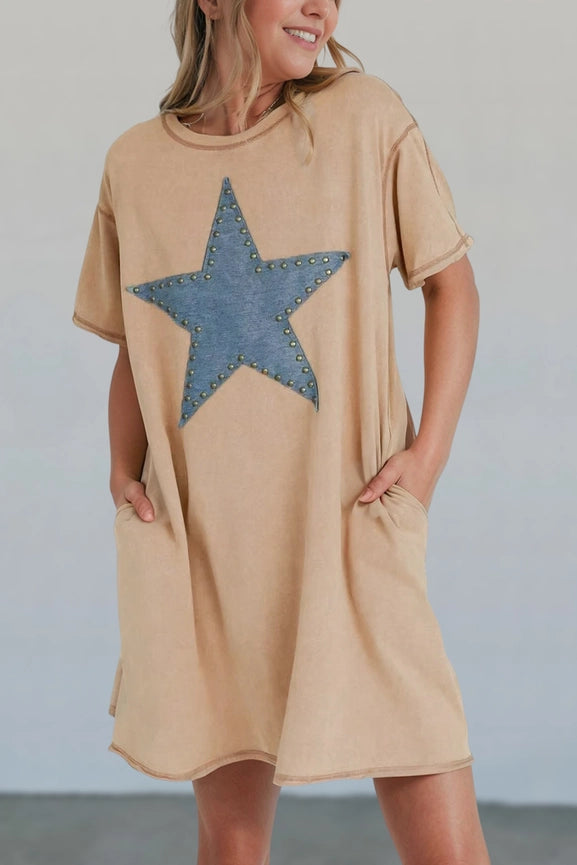 Mineral Wash Stud Beaded Star Graphic Pocketed Dress