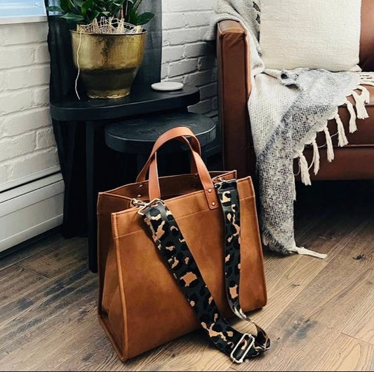 Campbell Branded Tote- Brown w/ Camo Strap