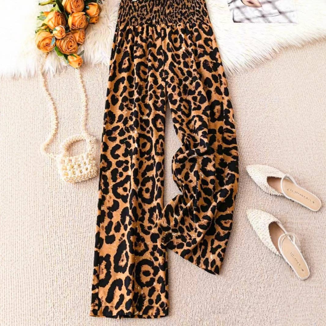 Leopard Print Wide Leg Elastic Waist Casual Pant