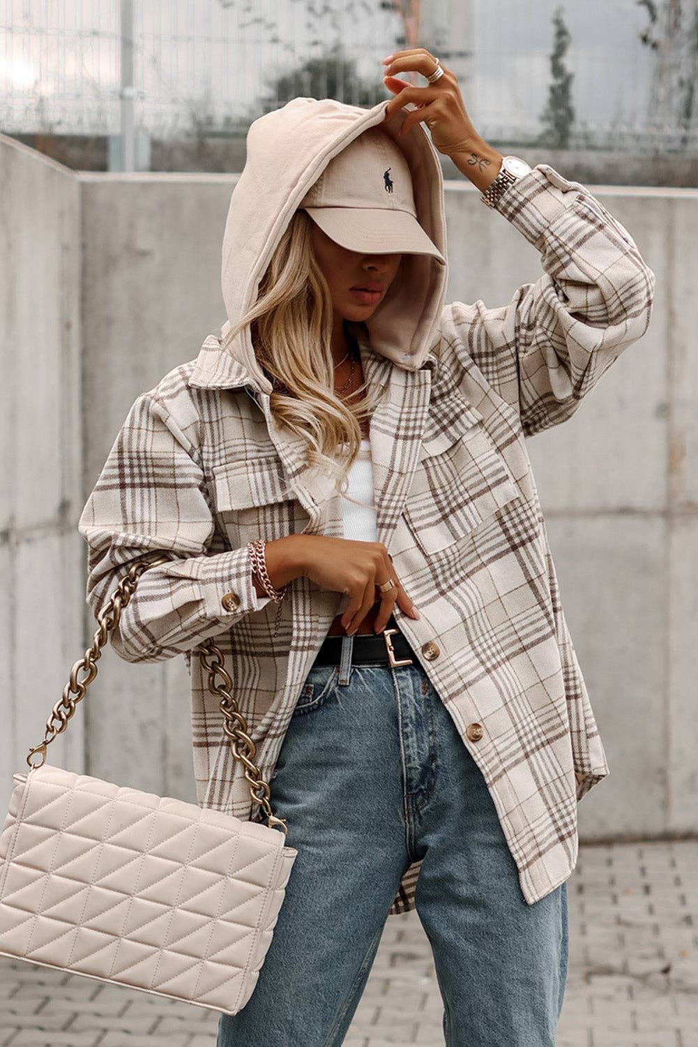 Khaki Plaid Shirt emovable Hood Buttoned Shacket for Women