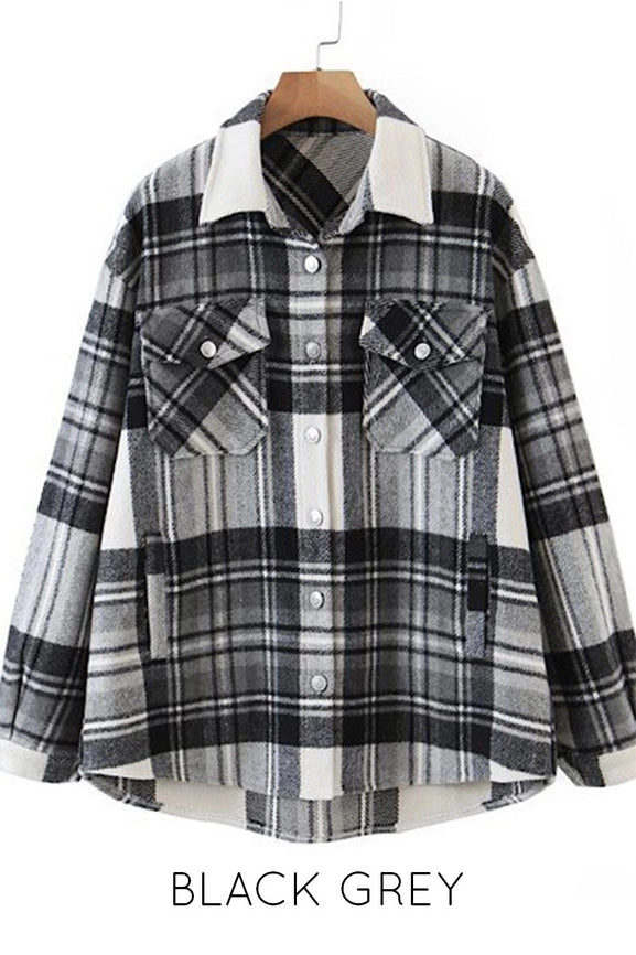 Oversized Plaid Flannel Jacket- Black/Grey