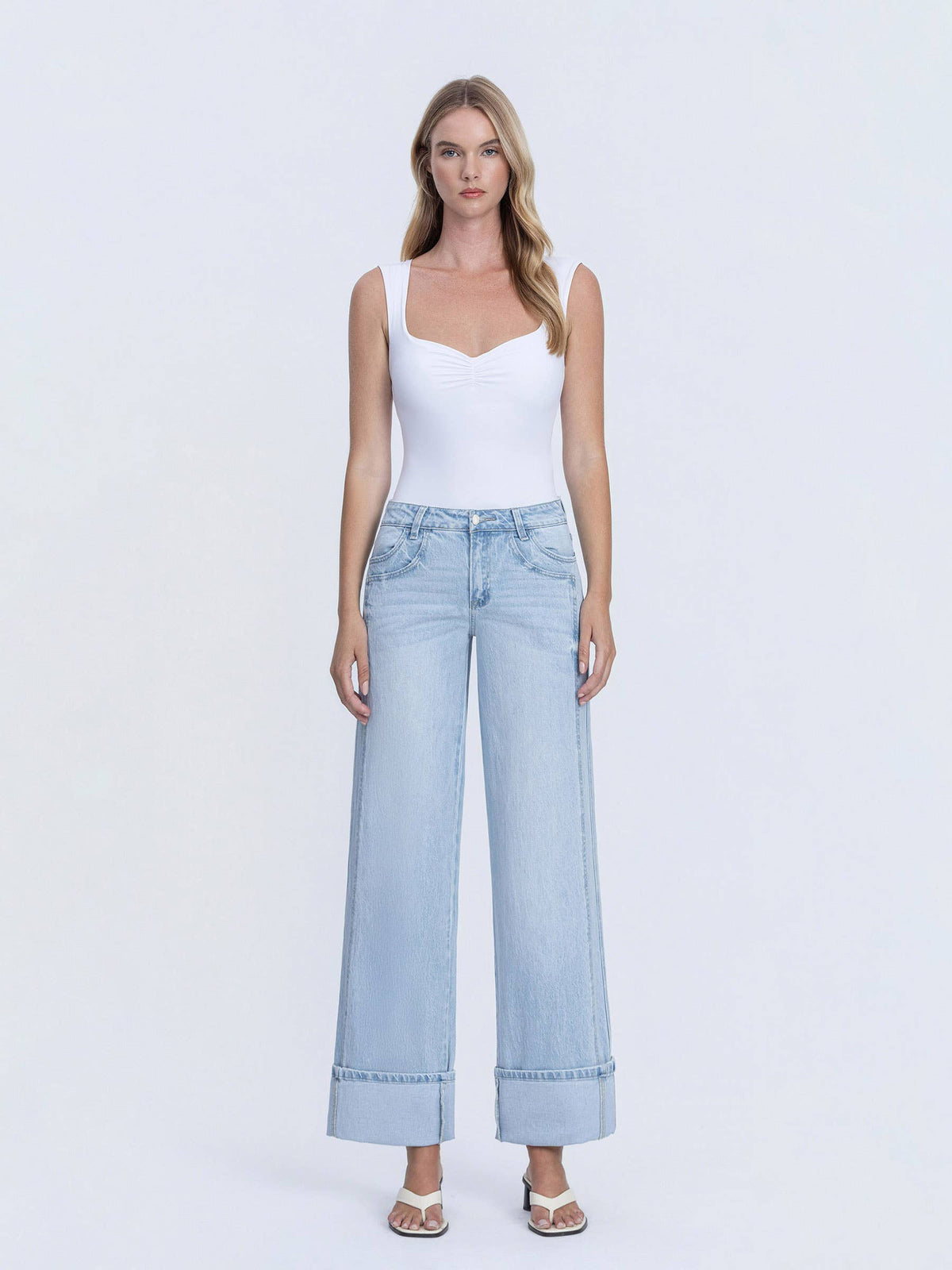 SUPER HIGH RISE LIGHT WASH CUFFED BAGGY WIDE JEANS T6515