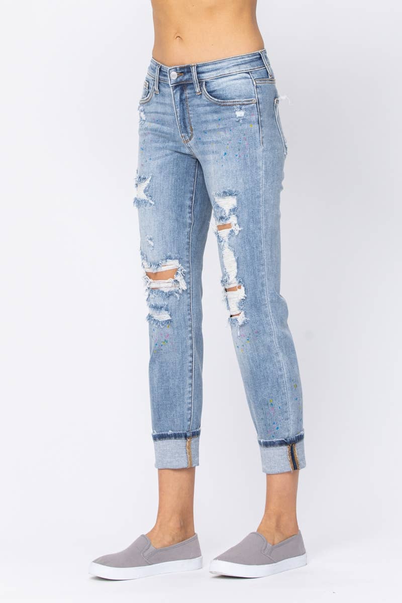 Judy Blue Jeans- MID-RISE BOYFRIEND PAINT SPLASH DESTROYED (Size 15 only)