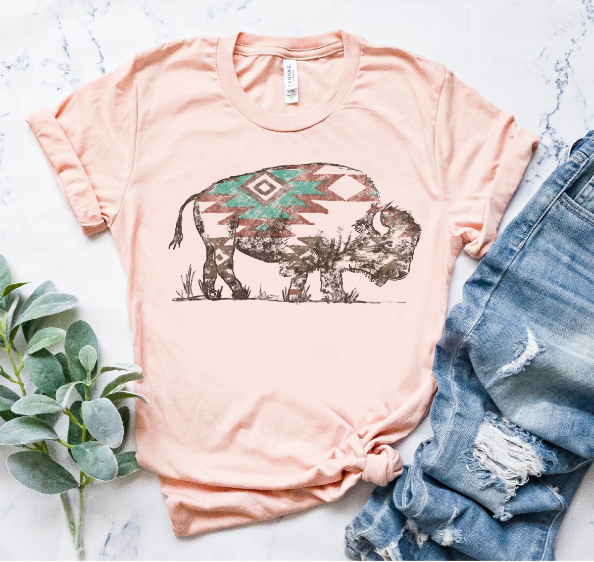 Western Boho Aztec Buffalo southwest Bison Graphic Tee
