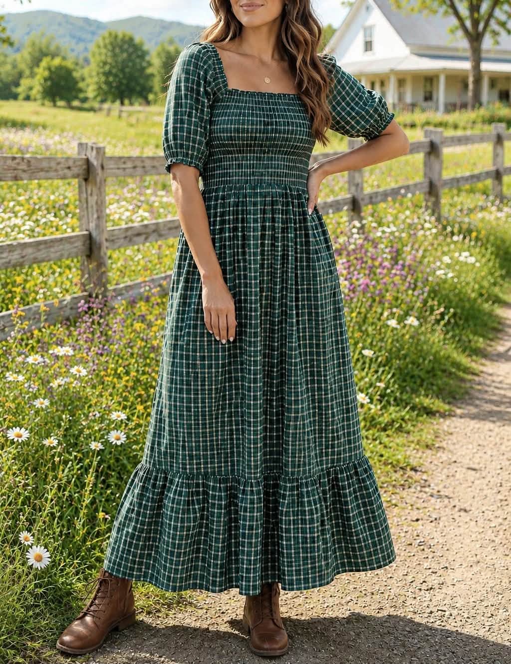 Green Plaid Ladies Dress