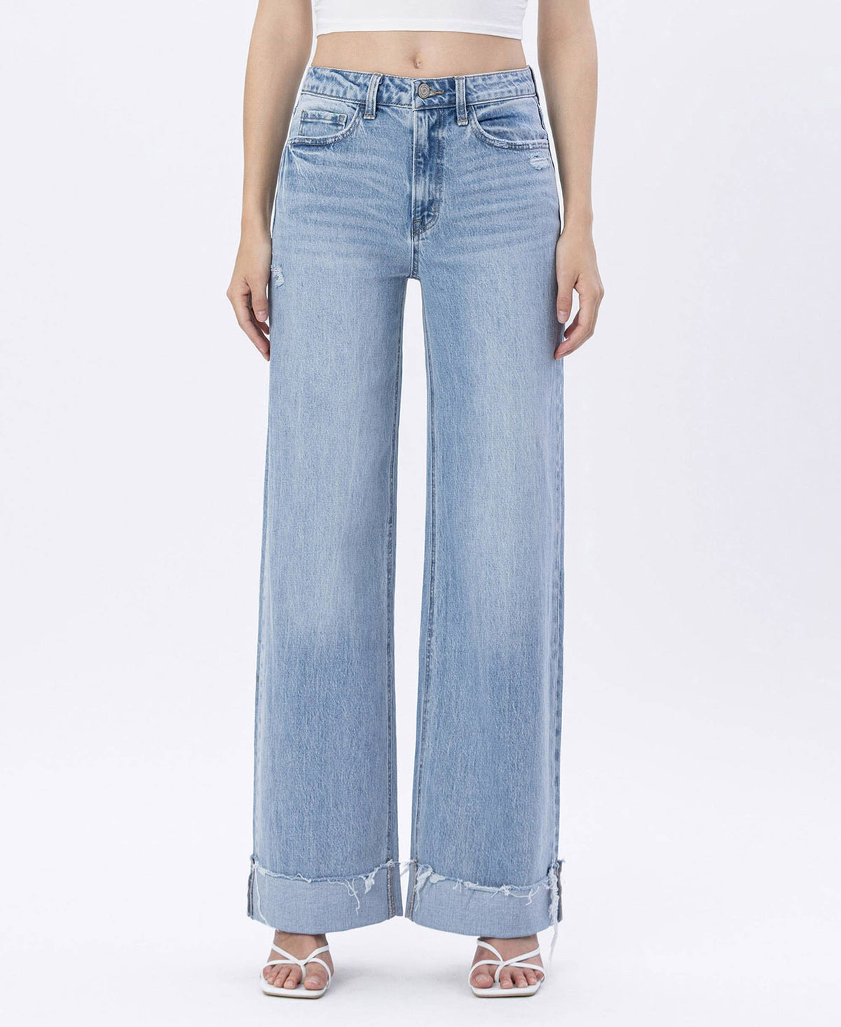 SUPER HIGH RISE CUFFED BAGGY WIDE LEG JEANS T6512