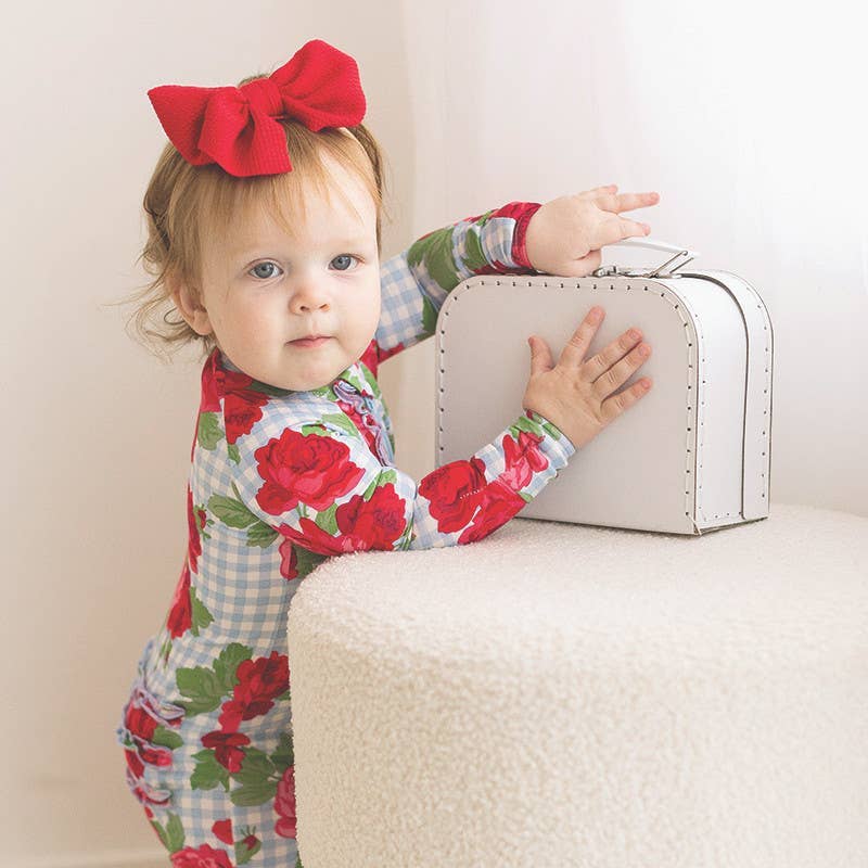 Cozy Romper - Blue Gingham + Red Roses