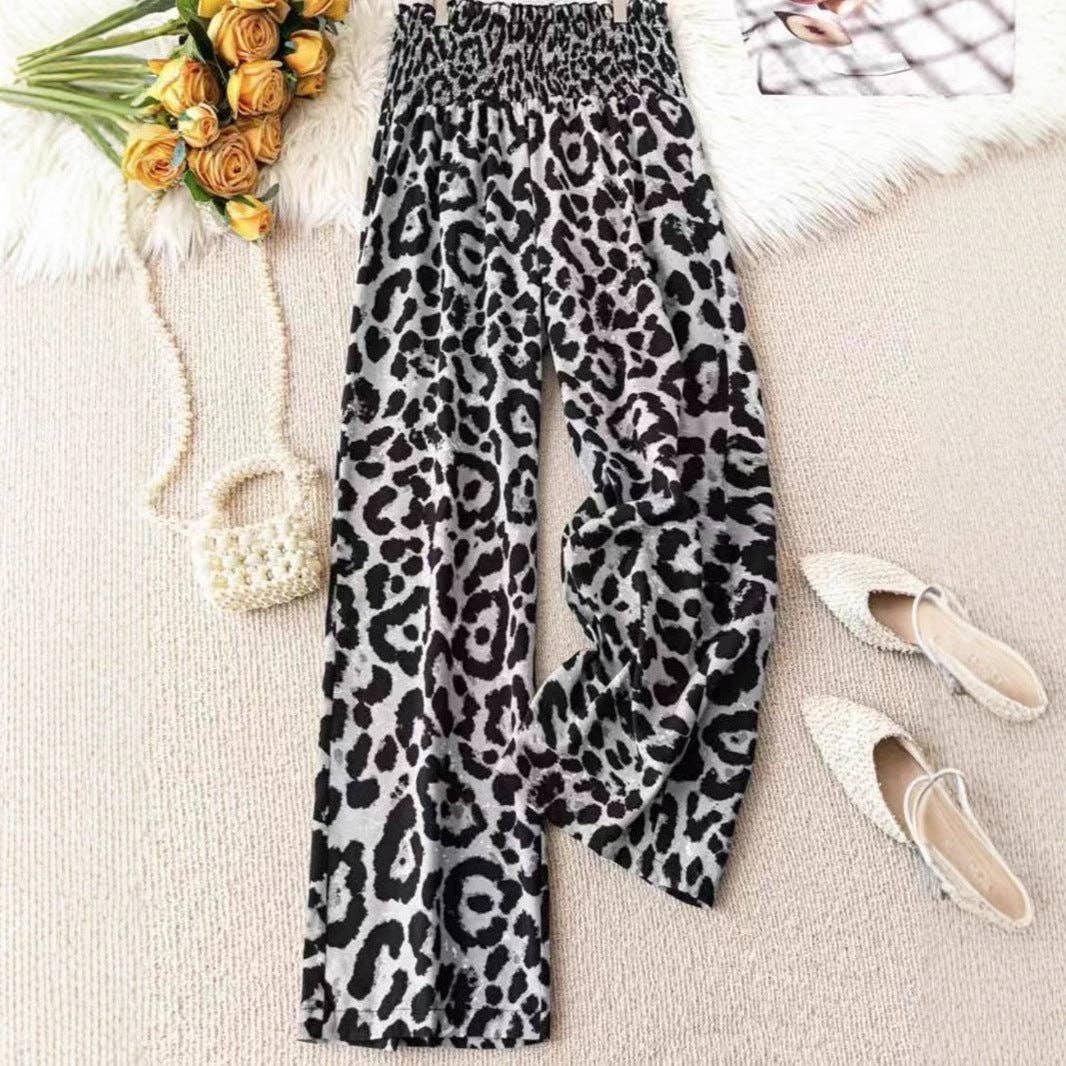 Leopard Print Wide Leg Elastic Waist Casual Pant