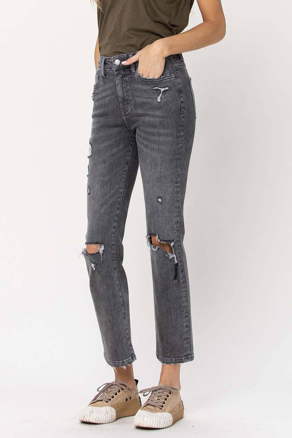 HIGH RISE DISTRESSED CROPPED STRAIGHT JEANS T5180