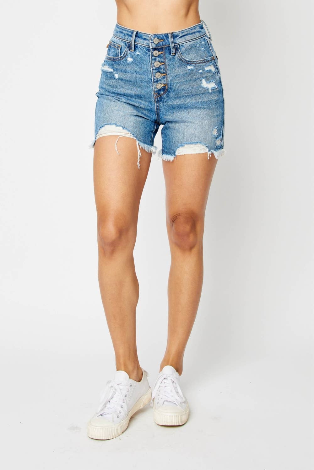 Judy Blue Jeans- HW Rigid Magic Destroy & Btn Fly Cut Off Shorts (XL Only)