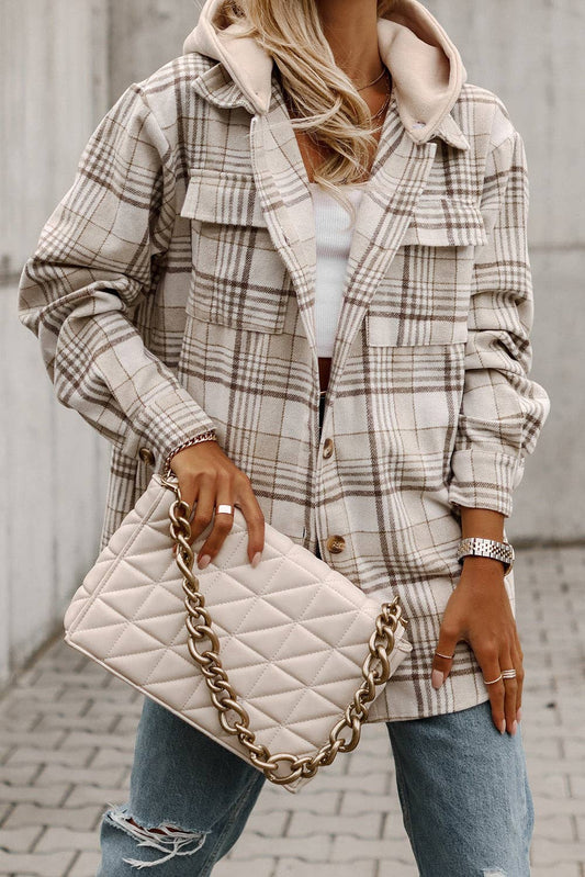 Khaki Plaid Hood Buttoned Shacket