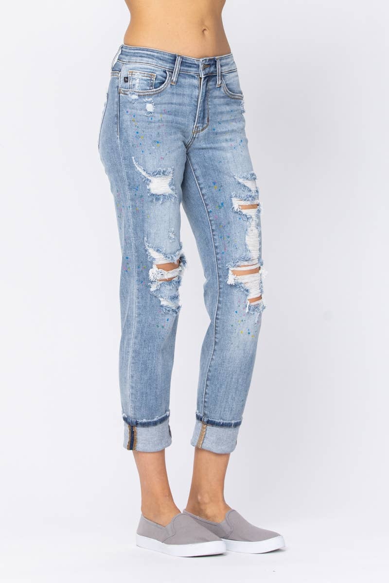 Judy Blue Jeans- MID-RISE BOYFRIEND PAINT SPLASH DESTROYED (Size 15 only)
