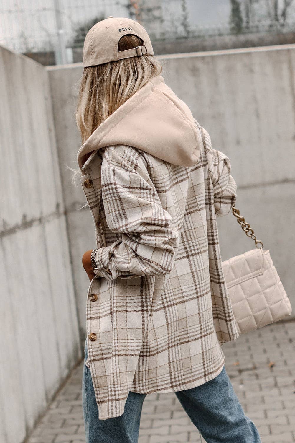 Khaki Plaid Shirt emovable Hood Buttoned Shacket for Women